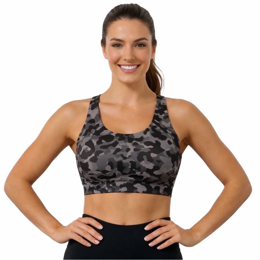 ATHLETA Advance Sports Workout Bra Black Camo HIGH IMPACT RUN Full Support 38DD